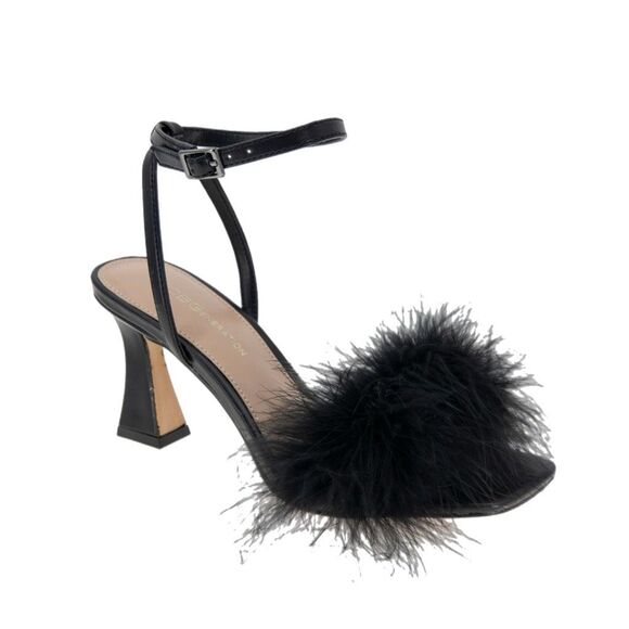 NWT and box BCBG “Relby” faux feather  sandals in black Size 6 - Picture 1 of 5